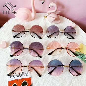 

TTLIFE Child Sunglasses Cute Round Rimless Frame Children Kids Gray Pink Red Lens Fashion Boys Girls UV400 Protection Eyewear