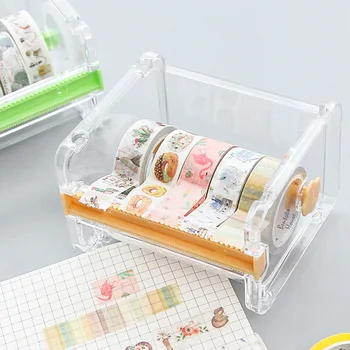 

Creative Tape Holder Paper Tape Cutter Dispensing Handbook Tape Storage Box Desktop Simple Transparent Tape Holder Random Color