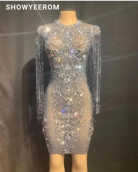 

women Mesh Perspective Sparkly Crystals short Dress Evening Party Rhinestones Dresses Birthday Celebrate Costume Dress