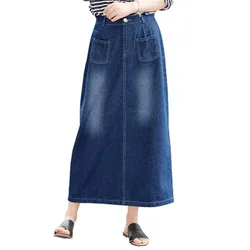 2022 longo denim saia do vintage botão de cintura alta lápis bodycon azul magro saias femininas plus size senhoras escritório sexy jeans faldas