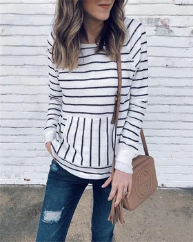 

2020 nian qiu dong kuan Fashion Stripes round Neck Pocket Ladies Blouse Jumpers 101312