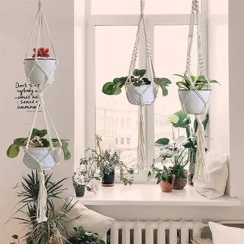 

5pcs Bohemian Style Cotton Rope Woven Hanging Basket Flowerpot Hanging Shelf Planter Container Wall-Mounted Pendant Rack