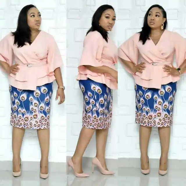 

Elegant Dress Suits Women Dashiki Print OL Office Ladies Business Formal Work Ruffle Top Pencil Dress Plus Size African Clothing