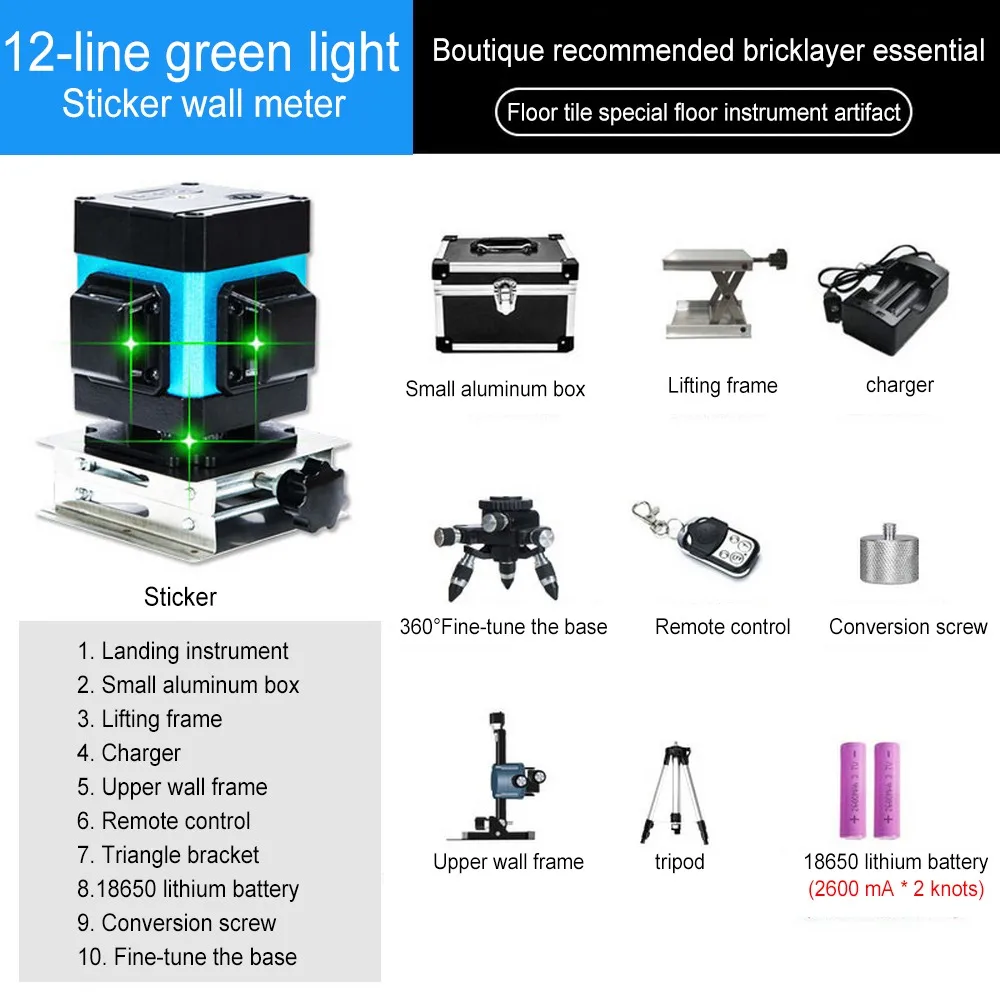 

3D 12 Lines Green Laser Level with Lift Table Tripod Upper Wall Frame Indoor Outdoor Slash with 2600mah Battery Red Laser Meter