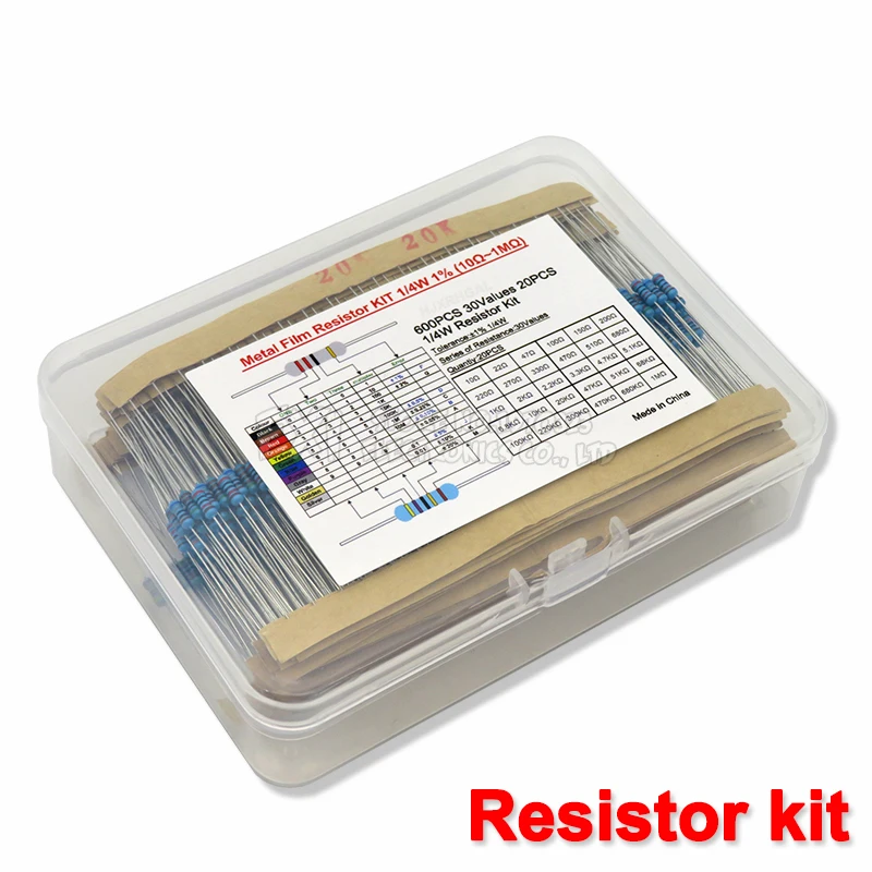 Paquete de resistencias de película metálica para manualidades, kit de resistencias con anillo de color (10 Ohmios ~ 1 M ohm), 30 valores x piezas, 20 piezas, 600, 1% W, 1/4 piezas