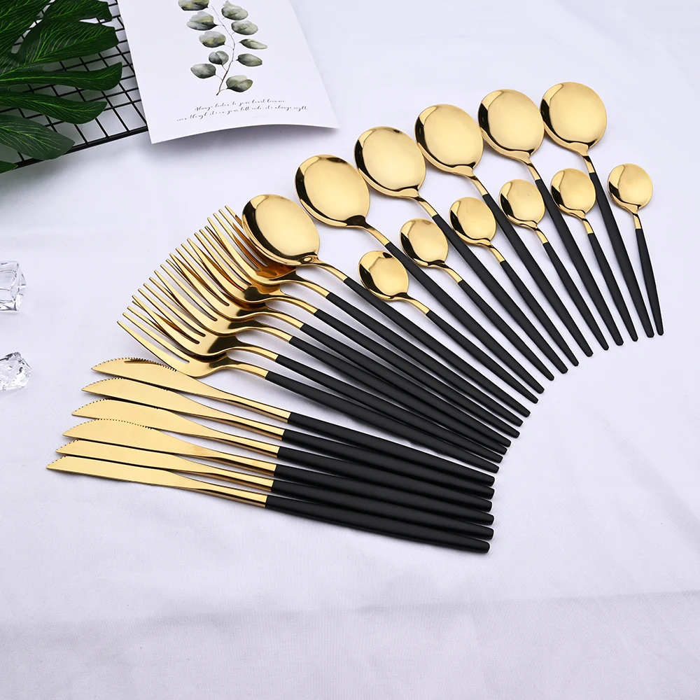 Stainless Steel Cutlery Set 24pcs Black Gold Dinnerware Set Kitchen Fork Knife Spoon Tableware Flatware Silverware