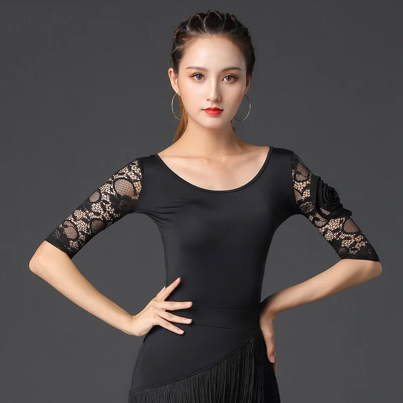 Latin Dance Top Women Sexy Lace Sleeves Shirts Cha Rumba Tango Salsa Female Adult Dancing Practice Clothes DNV13231 | Тематическая