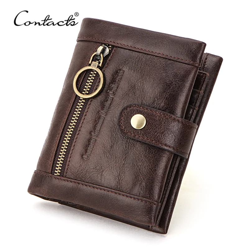 

CONTACT'S 100% Genuine Leather Wallet Men Bifold Wallets RFID Blocking Coin Purse Zipper Walet Card Holder Small Pocket Carteira