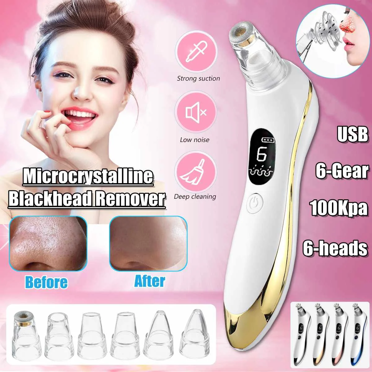 

Rechargeable beauty instrument vacuum blackhead remover facial pores clean blackhead acne USB charging section 6 tips 6 files