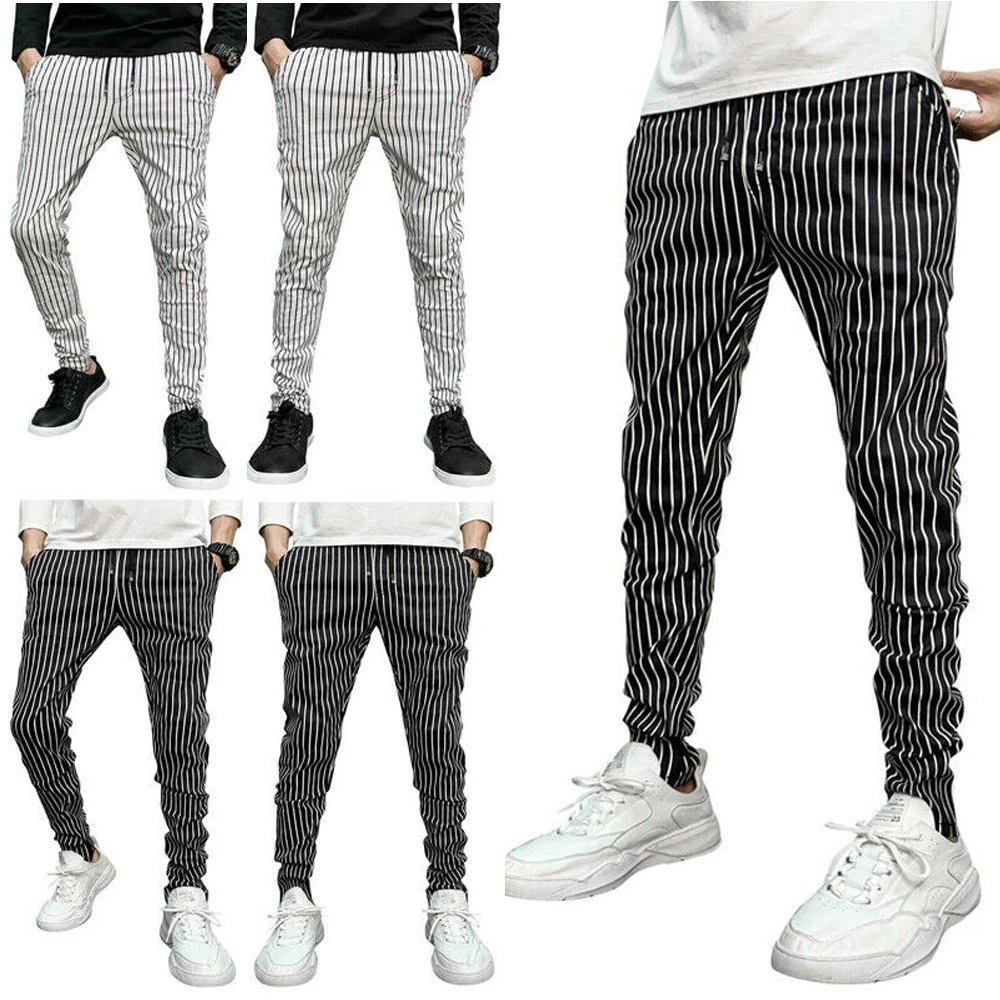 Горячая мода мужские повседневные полосатые длинные брюки мужские черные белые полосы обтягивающие шаровары брюки джоггеры облегающие повседневные брюки