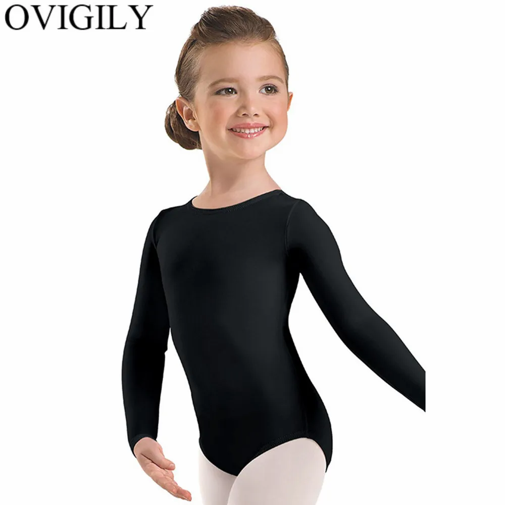 OVIGILY Kids Long Sleeve Gymnastics leotards Girls Scoop Spandex Lycra Black Leotard Ballet