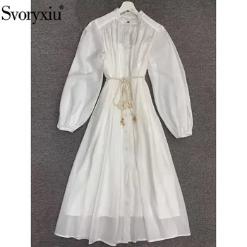 

Svoryxiu 2020 New Spring Summer Runway White Long Dress Women's Long Sleeve Robe Stand Collar Elegant Dresses Vestdios
