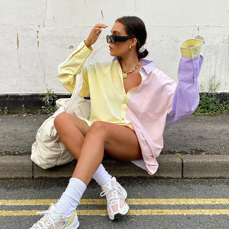 IAMSURE Macaron Colorblock Women Casual Loose Shirts Long Sleeve Oversize Ladies Blouses Streetwear Autumn Fashion Clothes