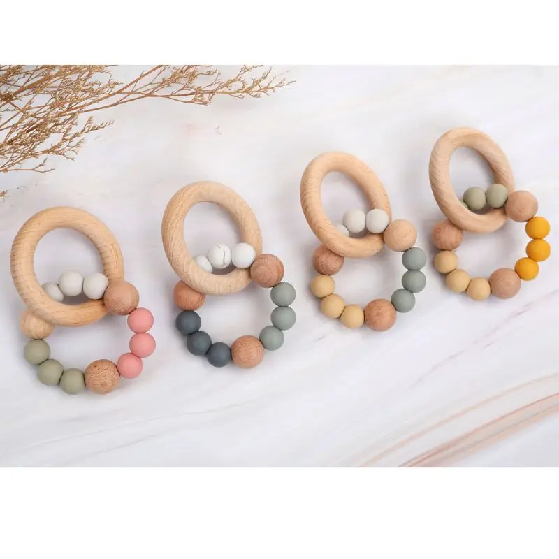 

Baby Rattles Play Gym Montessori Stroller Toys Wood Rattles Silicone Teether