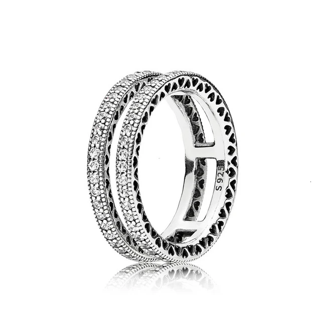

100% silver sterling 1:1 glamour double hearts of the original female ring jewelry wedding 196236cz