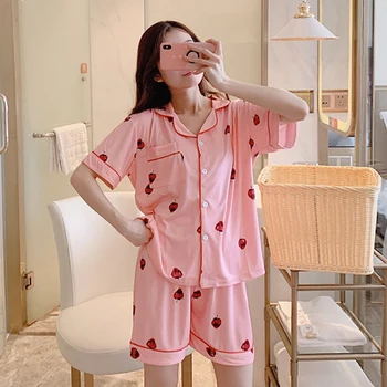 

Women Summer Cute Cartoon Short Sleeve Comfortable Simple Lapel Loose Home Pajamas Set Summer Set