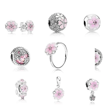 

NEW Magnolia Series 100% 925 Sterling Silver Flower Pink Charm Clip Pendant Orchid Earrings Bracelet DIY Jewelry Free Shipping