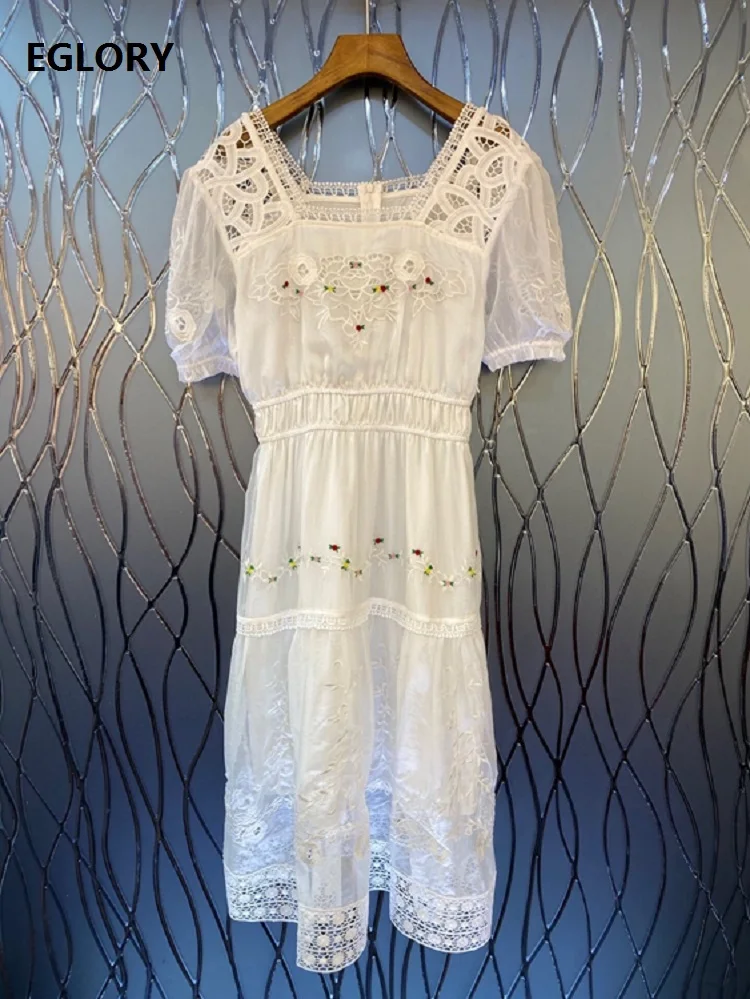

Hollow Out Embroidery Dress 2021 Summer Ladies Sexy Square Collar Flower Patterns Short Sleeve Mid-Calf A-Line White Blue Dress