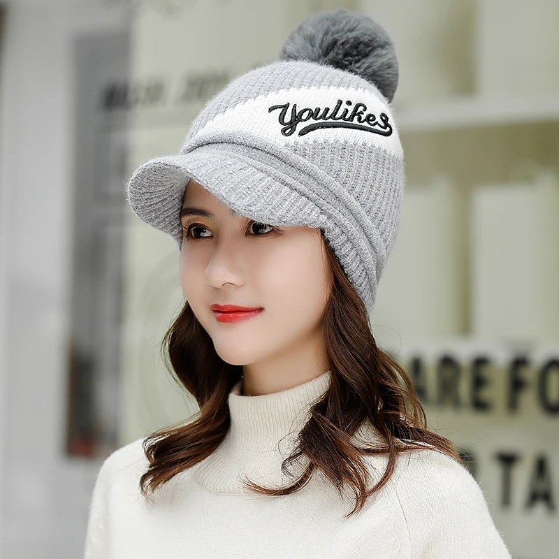 only hat Новые зимние шапки женская вязаная шапка теплая меховая шапка с помпонами шапка черепки шапочки для девочек высокого качества маска для девочек шапки - Цвет: only hat