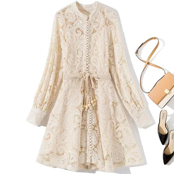 

Lace Embroidery Mini Dress Fashion Long Sleeve Hollow Out Lace up Party Dresses Designer Spring Summer New