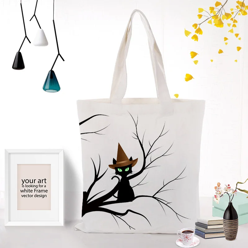 Холщовая Сумка На Хэллоуин с принтом логотипа на заказ, ручная хозяйственная сумка, эко многоразовая переработанная сумка, Детская Подарочная сумка для конфет