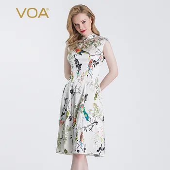 

VOA28 at M Satin Silk White Printing Stand Collar Shoulder Bag Arm Microprojectile Close Cheongsam Dress A7