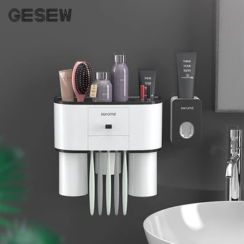

GESEW Toothbrush Holder Automatic Toothpaste Dispenser Wall-mounted Storage Rack Toothbrush Cup Bathroom Accessories Sets