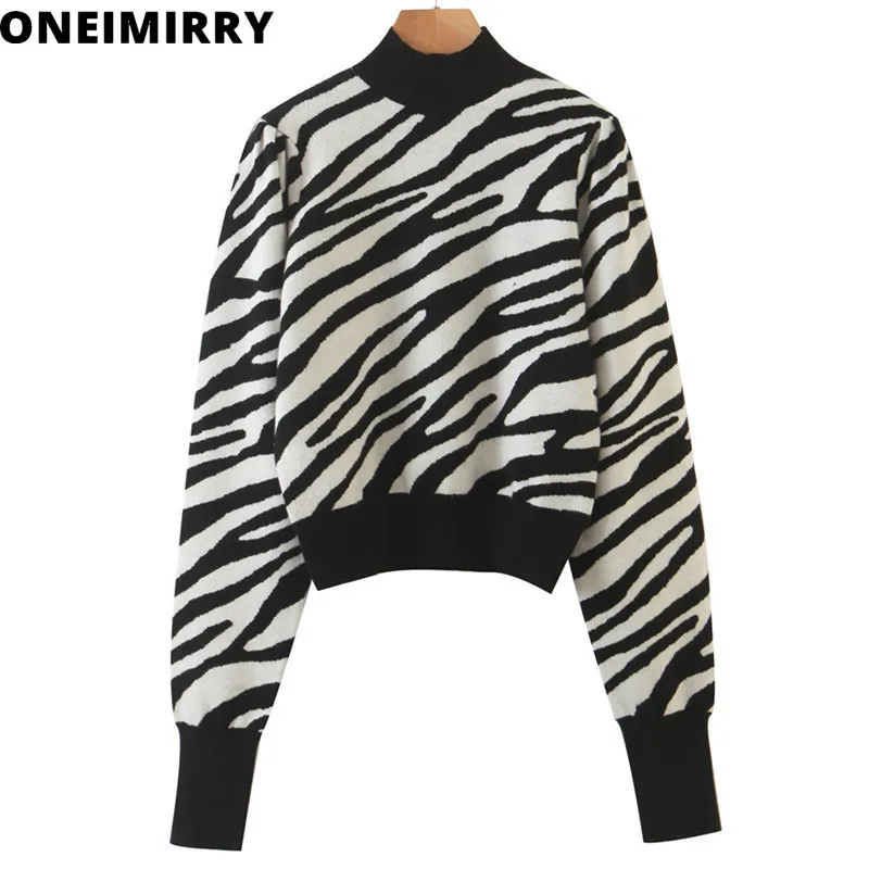 

Women Turtleneck Sweater Zebra Pattern Puff Sleeve Short Cashmere Knitted Sweaters Casual Slim Wool Tops Lady 2020 Winter Autumn