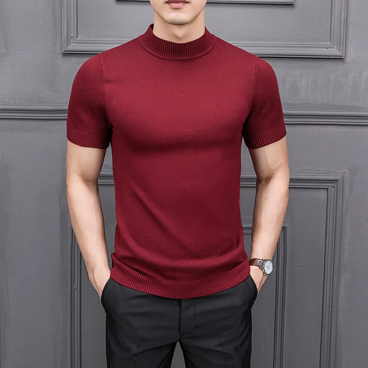 

2020 Brand New Autumn Men's Sweater Pure Color Semi-high Collar Knitting for Male Half-sleeved Sweaters Tops