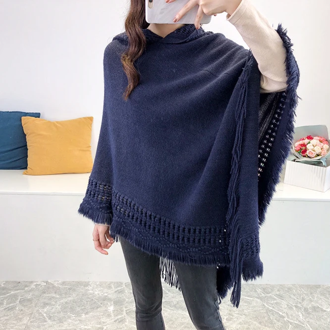 Spring Autumn New Women Winter Knit Hooded Poncho Cape Crochet Fringed  Tassel Shawl Wrap Sweater Even Hat Girls Keep Warm Red