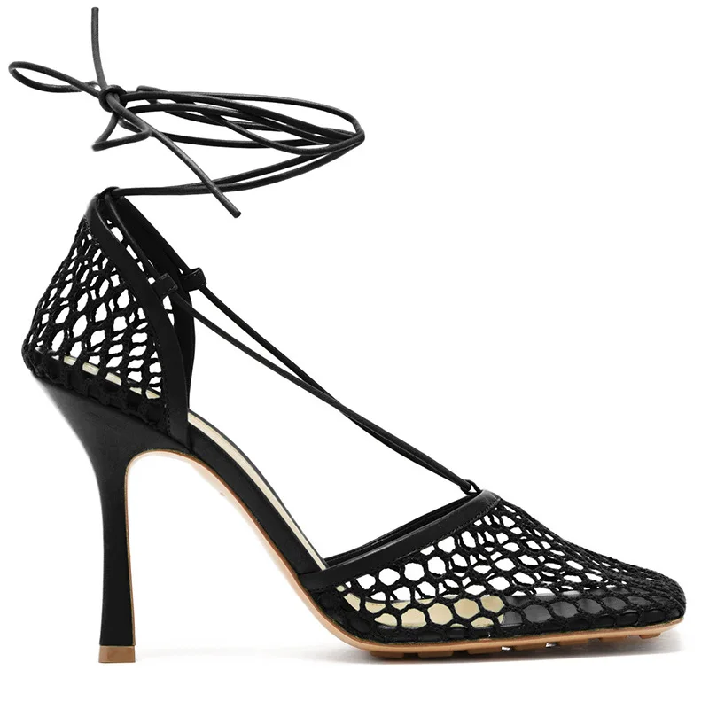 

Summer mesh lace-up square toe hollow stiletto high-heeled sandals dress all-match large size small size women's single shoes