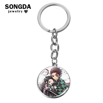 

SONGDA Demon Slayer Cosplay Keychain Kamado Tanjirou Nezuko Anime Pattern Glass Cabochon Key Ring Silver Plated Metal Key Chain