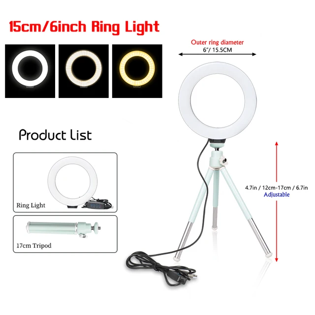SH 16cm 6 inch Ring Light With Tripod Stand Usb Charge Selfie Led Lamp Dimmable Photography Light For Photo Photography Studio package B