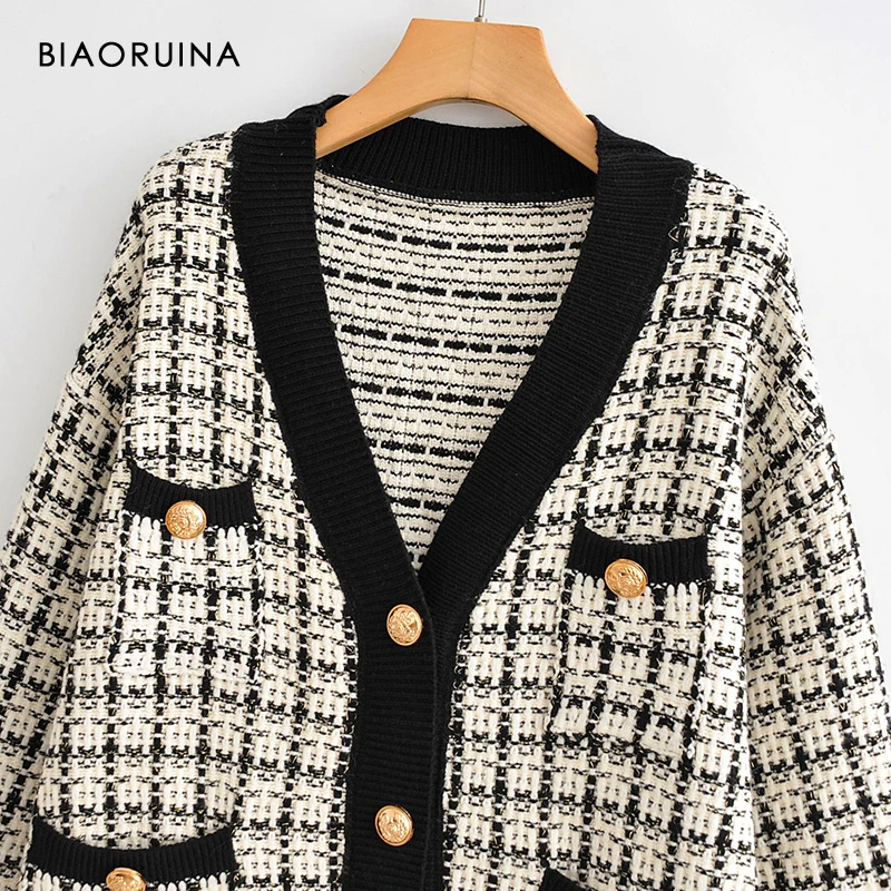 BIAORUINA, женская мода, v-образный вырез, шикарный, однобортный, вязаный кардиган, женский, толстый, сохраняет тепло, ласточка, в клетку, свитер, верхняя одежда