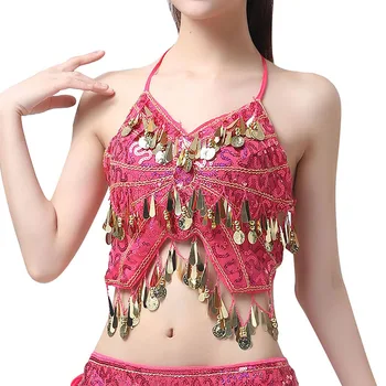 

Mini Sexy Women V-Neck Belly Dance Costume Belly Dance Hanging Neck Sequins Tassel Dance Tops
