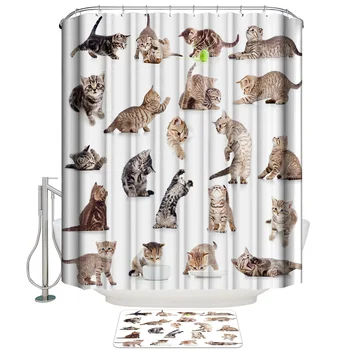 

Cute Kitten Pet Cub Shower Curtain with Hooks Doormat Bath Floor Mat Waterproof Polyester