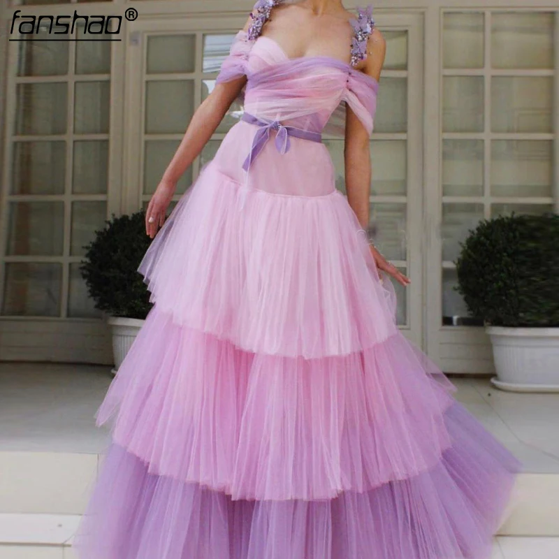 

Lilac Muslim Evening Dresses Tiered Sweetheart Flowers Pleat Islamic Dubai Saudi Arabic Long Evening Gown Boho Prom Dress