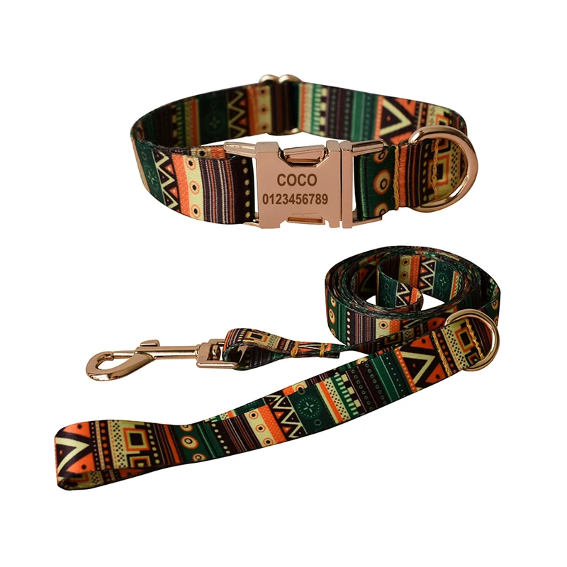 Ethnic style dog collar and leash set for Small Medium Large Dogs Custom Engraved Nameplate Pet Supplies custom dog leash 