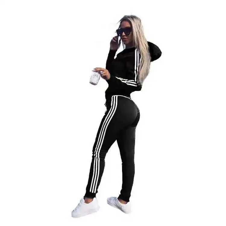 Women's suits wear sports suit 2piece women set top and pants tracksuit for women suit two piece set - Цвет: black