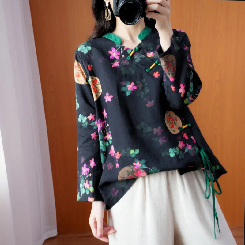 Cotton Linen Cheongsam Top Women Printing Retro Chinese Style Shirt Hanfu Zen China Traditional Tang Suit Blouses Femme Harajuku