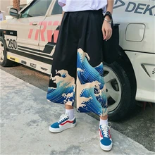 Японский стиль Харадзюку широкие брюки женские свободные Kanagawa брюки с принтом Мужские повседневные Ukiyo-e Высокая талия Капри уличная одежда