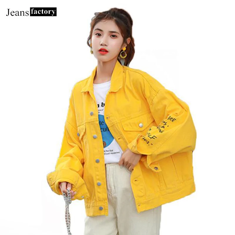 

Spring Autumn Yellow Denim Jacket Women Letter Printing Fashion Leisure Jacket Basic Coat Female Single-breasted Turndown Collar
