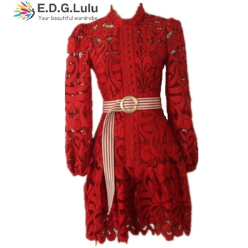 

EDGLuLu vintage stand oneck long sleeve red lace dresses 2019 high quality single-breasted elegant ruffle dress and free sashes