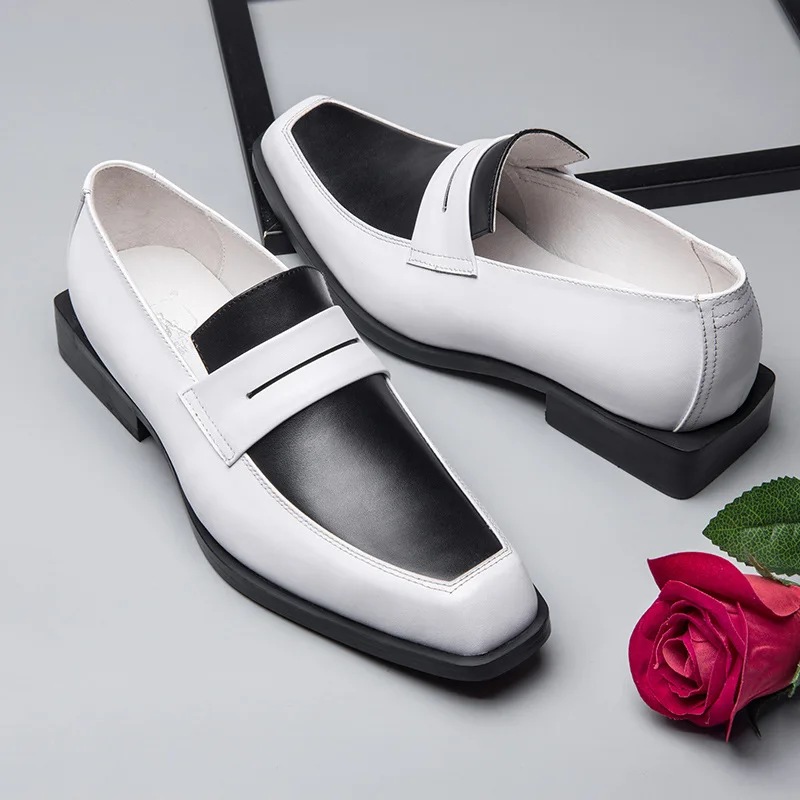 

Men's business casual leather shoes leather breathable lazy shoes black and white flat-color square head men's shoes