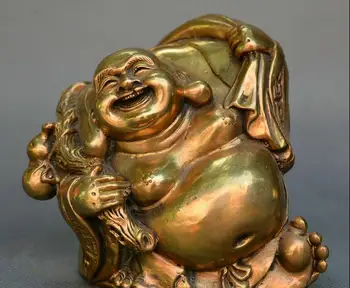 

China Tibet Buddhism old bronze smile Maitreya Buddha moneybag wealth statue