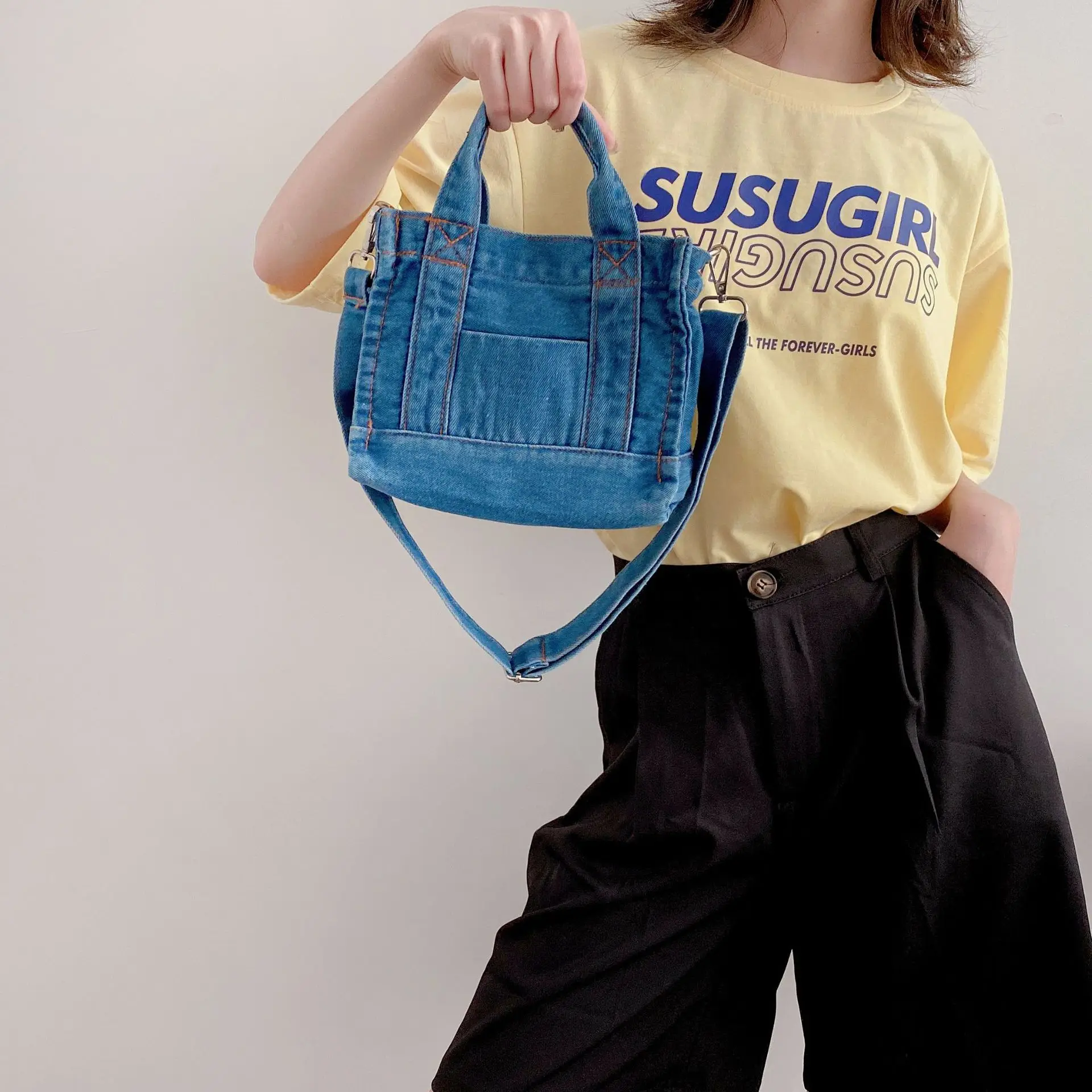 Denim Cloth Women Mini Shoulder Bag Girl Blue Canvas Fabric