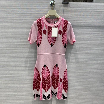 

Pink 100% Silk Knit Dress Women 2020 New Leaf Print O-neck Short Sleeves Soft Elegant Mini Dress Top Quality Luxury Slim Dresses