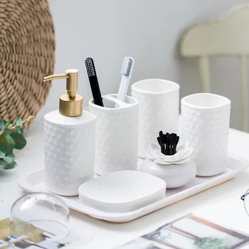 

1-7PCS Wedding Wash Set Embossed White Ceramic Bathroom Set Bathroom Tray Kit Toothbrush Holder/Soap Dish/Cotton Swab Box