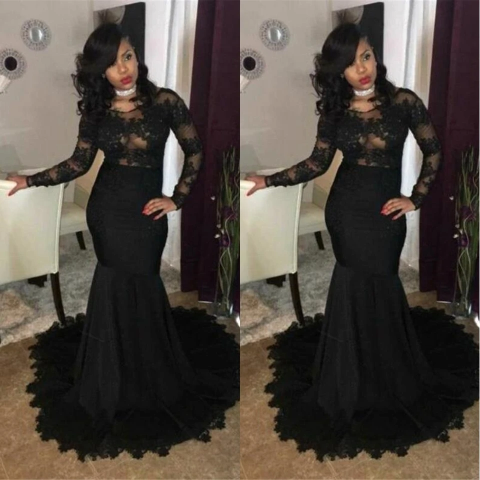 

New Black Applique Evening Dresses Prom Party Gown Trumpet Formal Gown Mermaid Scoop Long Sleeve Custom Elastic Satin