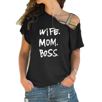 

Fashion T-Shirt for Women Pocket WIFE MOM BOSS Letters Print Top Tshirt Women Irregular Skew Cross Bandage Tops Mother's Day